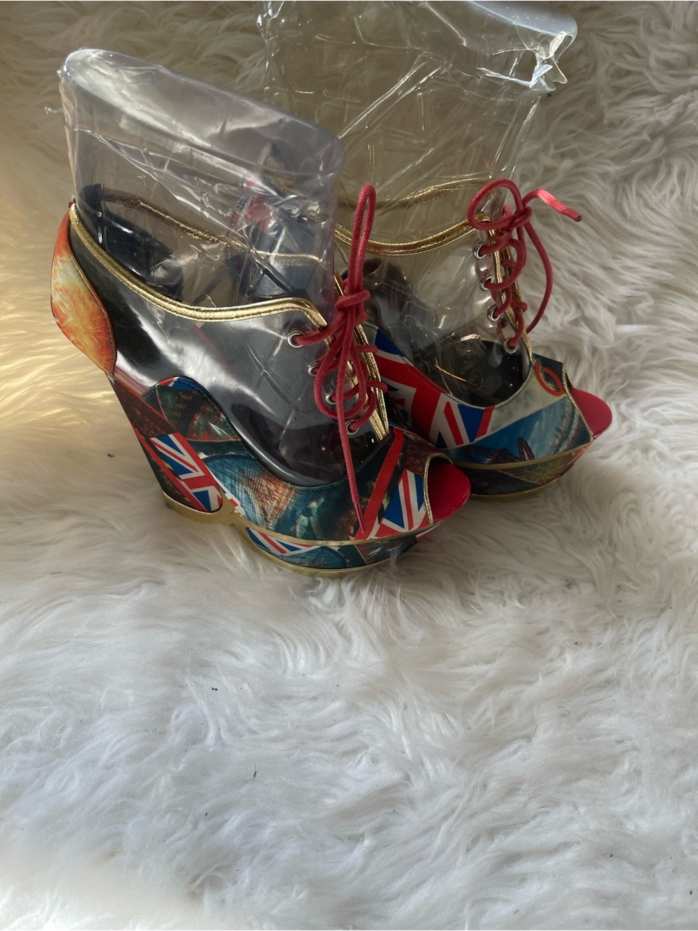 Privilege Fabric Multicolor Union Jack Print & clear plastic Lace-Up Wedge SZ7